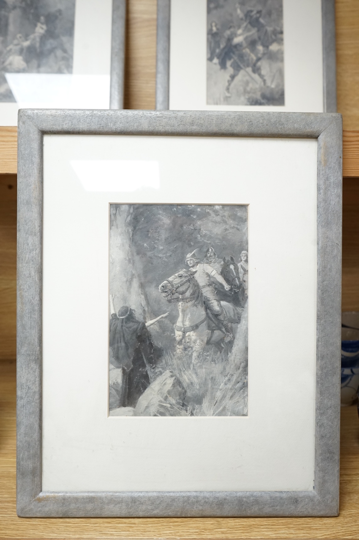Four original monochrome gouache illustrations from the Twenty-five Swordsmen by Escott Lynn, illustrated by Percy Tarrant, each 19 x 12cm